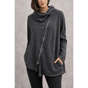 Wrap Asymmetrical Zip Hoodie Gray Wool Blend Size UK 18 EU 46 USA 14
